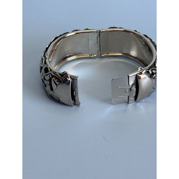 Silver-Tone Floral Vine Hinged Bangle Bracelet 7" Around 1" Wide Elegant Design - Picture 8 of 8